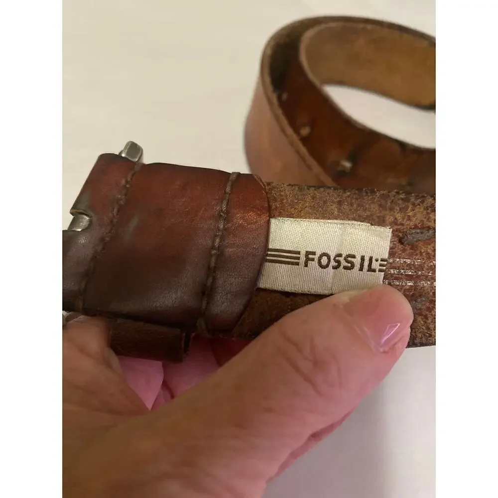 Fossil distressed Leather Belt 1954 Mens Sz 42 Brown silver tone buckle classic